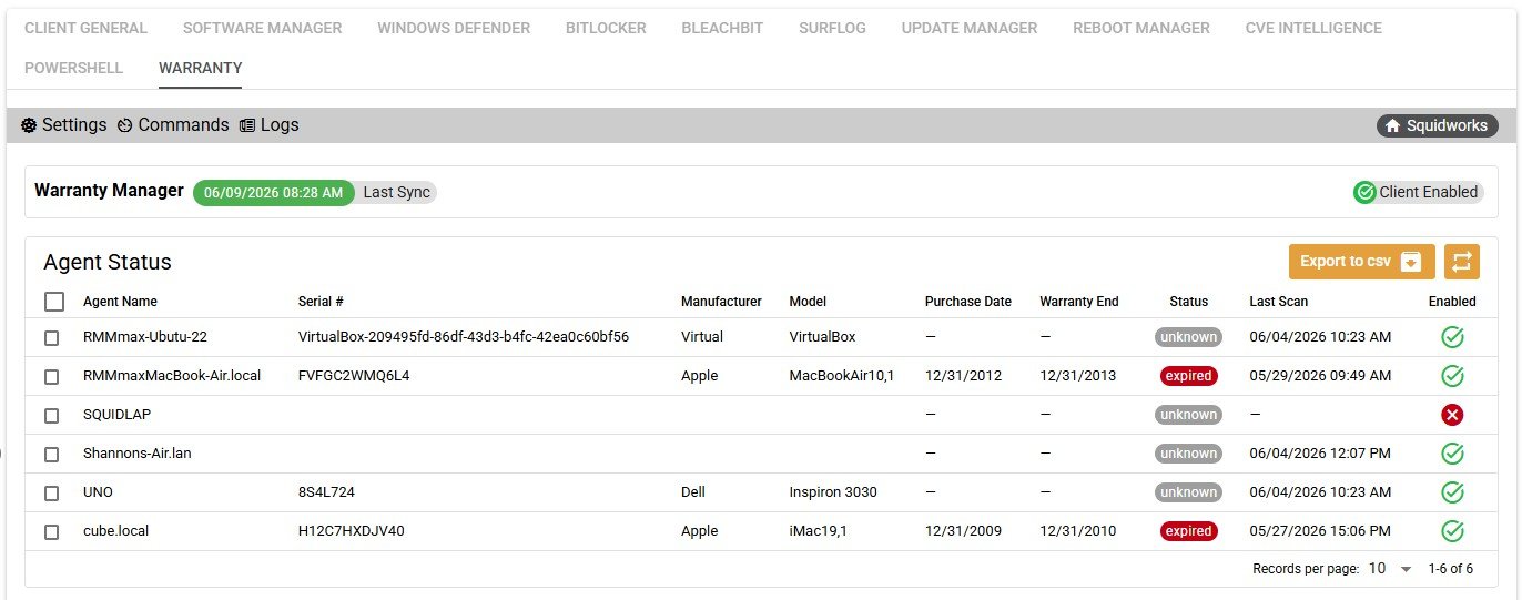 RMMmax Warranty Manager client view